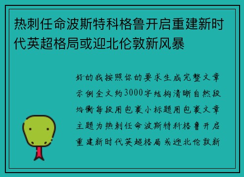 热刺任命波斯特科格鲁开启重建新时代英超格局或迎北伦敦新风暴
