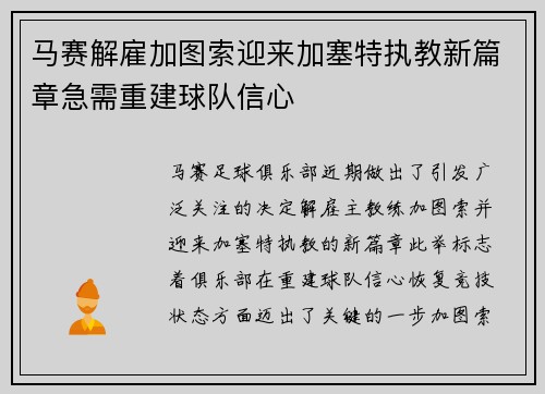 马赛解雇加图索迎来加塞特执教新篇章急需重建球队信心 马赛解雇加图索迎来加塞特执教新篇章急需重建球队信心